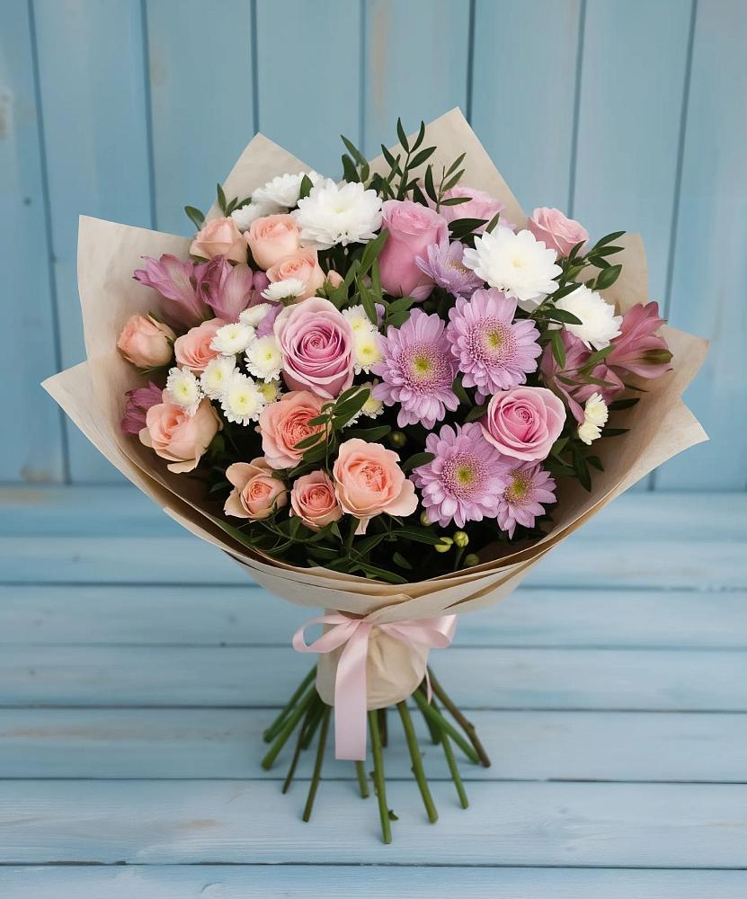 Букет цветов из: Хризантемы, Розы и Альстромерии в Николиной горе