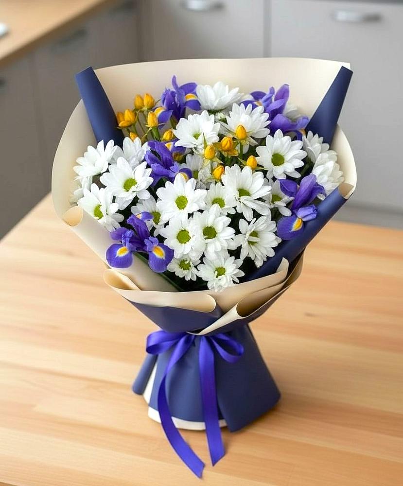 Букет цветов из: Розы, Ирисы и Хризантемы в Николиной горе