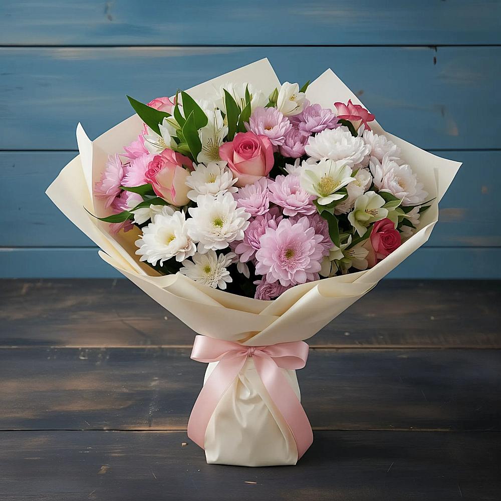 Букет цветов из: Хризантемы, Альстромерии и Розы в Николиной горе